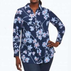 Foxcroft Blue Floral Lightweight No Iron Button Up Blouse  Shirt Plus Size 16W